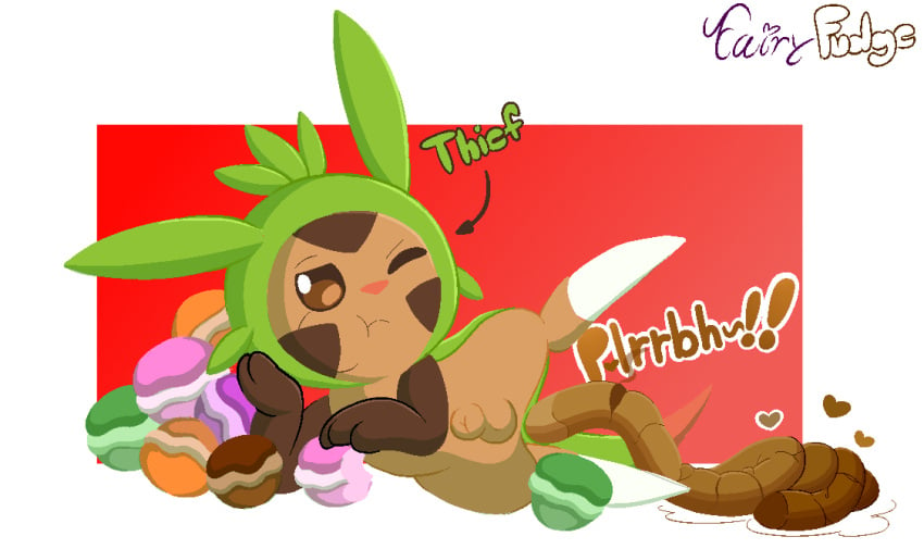 anus arm_support arrow_sign brown_body brown_eyes brown_skin candy casual_nudity chespin dessert fairyfudge feces feces_in_ass feces_on_ground feces_pile feral food fur generation_6_pokemon genitals green_body green_fur humanoid leaning_on_elbow male nintendo nude one_eye_closed penis pink_nose pokemon pokemon_(species) pooping_on_floor pooping_while_eating scat scat signature solo sweets text thief