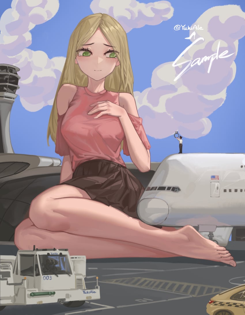 airplane anime_style black_skirt blonde_hair blus blush breasts brown_skirt building car city cityscape clouds copyright_request daytime feet giantess green_eyes illustration landscape legs long_hair macrophilia pixiv proposal red_shirt ring shrunk shrunken signature sky taxi tiny_person tower vehicle vehicles yukiale