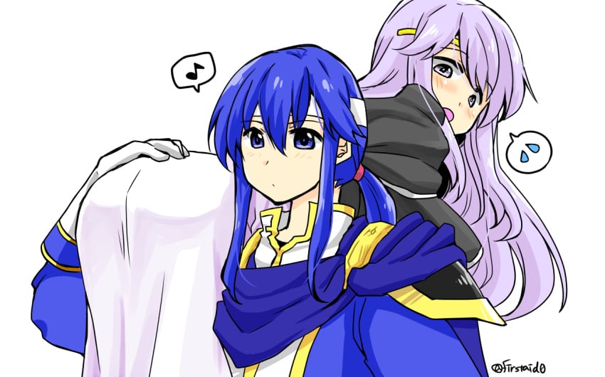 1boy 1girls ass ass_in_dress big_ass blue_cape blue_eyes blue_hair brother_and_sister cape carrying carrying_over_shoulder circlet female female fire_emblem fire_emblem:_genealogy_of_the_holy_war headband julia_(fire_emblem) long_hair male musical_note nintendo open_mouth ponytail purple_eyes purple_hair seliph_(fire_emblem) siblings simple_background spoken_musical_note white_headband yukia_(firstaid0)