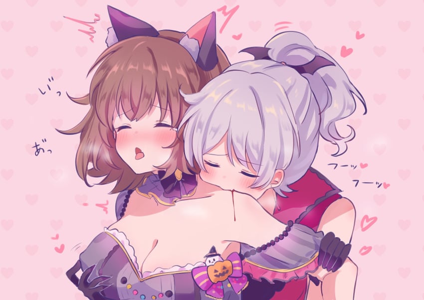 bang_dream! bite cat_ears closed_eyes shoulder_length_hair shoulders sucking_blood tongue_out touching_breast touching_nipples wakamiya_eve yamato_maya