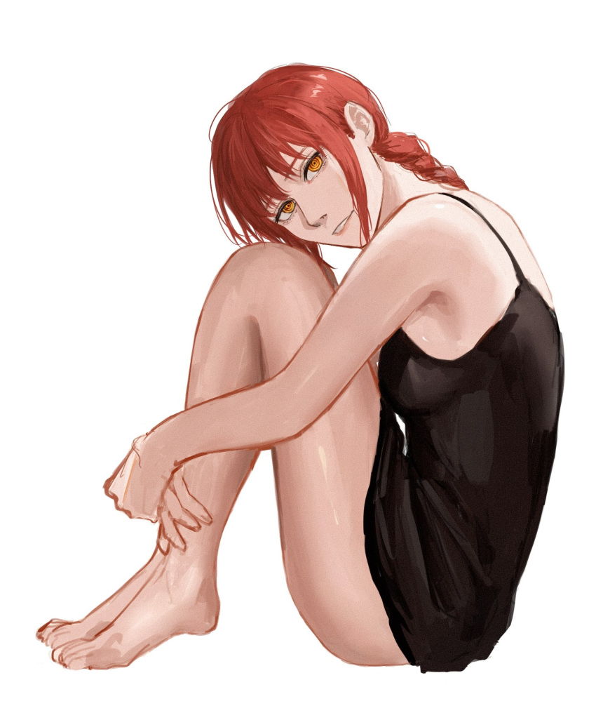 ass barefoot black_shirt braid braided_ponytail chainsaw_man female fetal_position hugging_own_legs leaning_forward legs long_legs looking_at_viewer makima_(chainsaw_man) medium_breasts medium_hair raberu_ruru red_hair ringed_eyes shirt yellow_eyes