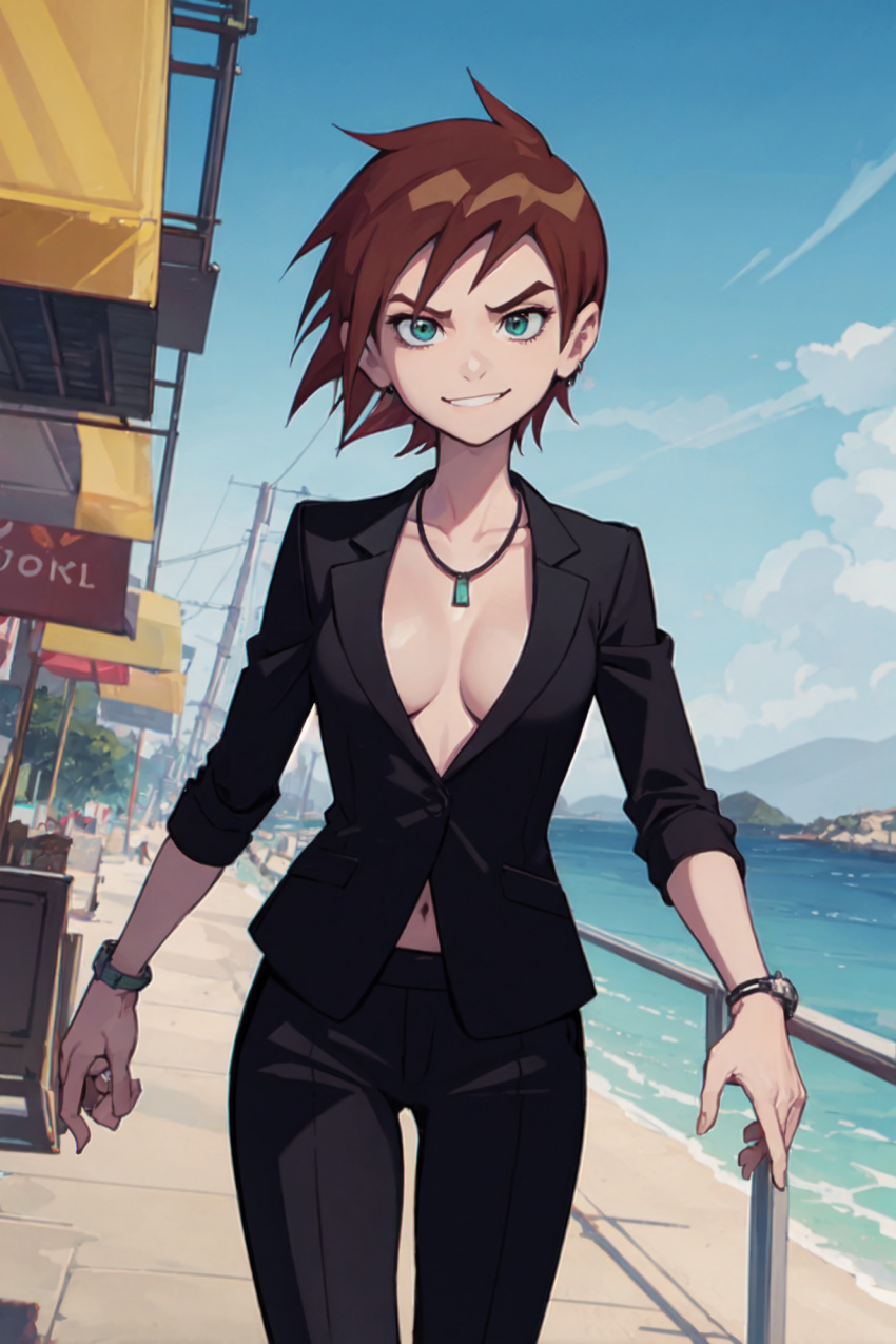 ai_generated ben_10 ben_tennyson blazer bracelet brown_hair business_suit cleavage dress_pants female_ben genderswap genderswap_(mtf) green_eyes necklace no_bra plunging_neckline rule_63 short_brown_hair short_hair small_breasts smirk suit suit_jacket