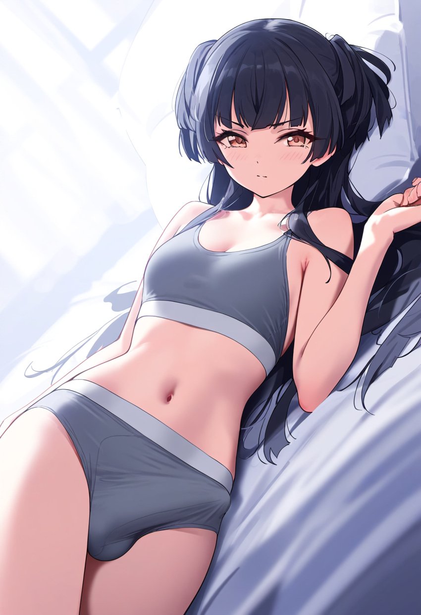 1futa ai_generated amber_eyes balls bangs blonde_hair blush bra breasts bulge dickgirl doseogwan erect_penis erection erection_under_clothes futa_only futanari head_on_pillow idolmaster idolmaster_shiny_colors indoors legs_together light-skinned_futanari light_skin long_hair looking_at_viewer lying lying_on_back lying_on_bed mayuzumi_fuyuko midriff narrowed_eyes navel on_back panties penis penis_bulge pillow slender slim solo solo_futa sports_bra stretched_clothing sunlight sunny the_idolm@ster the_idolm@ster_shiny_colors underwear underwear_only visible_penis_shape