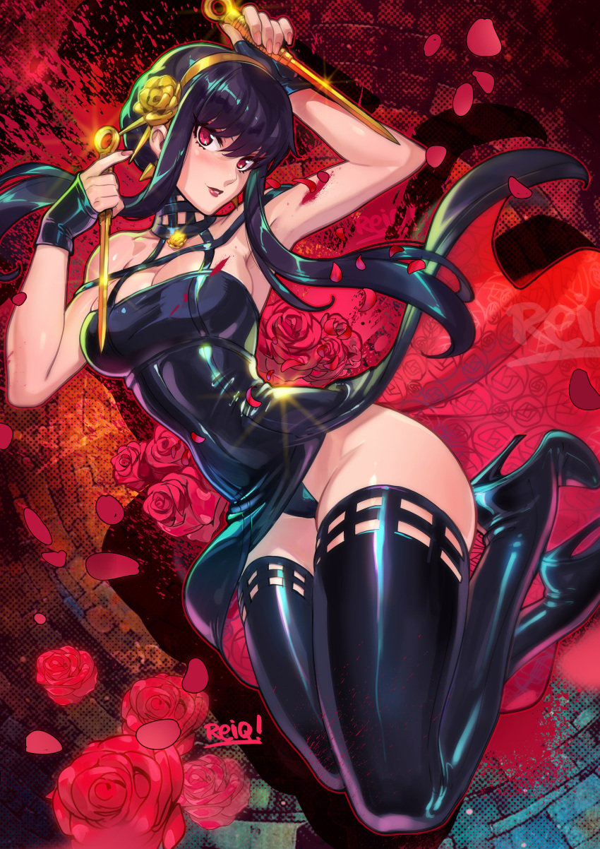 1girls arms_up black_hair blood hair_ornament high_heels looking_at_viewer petals red_eyes reiq rose_(flower) shiny_clothes solo solo_female solo_focus spikes spy_x_family thigh_boots thorn_princess yor_briar