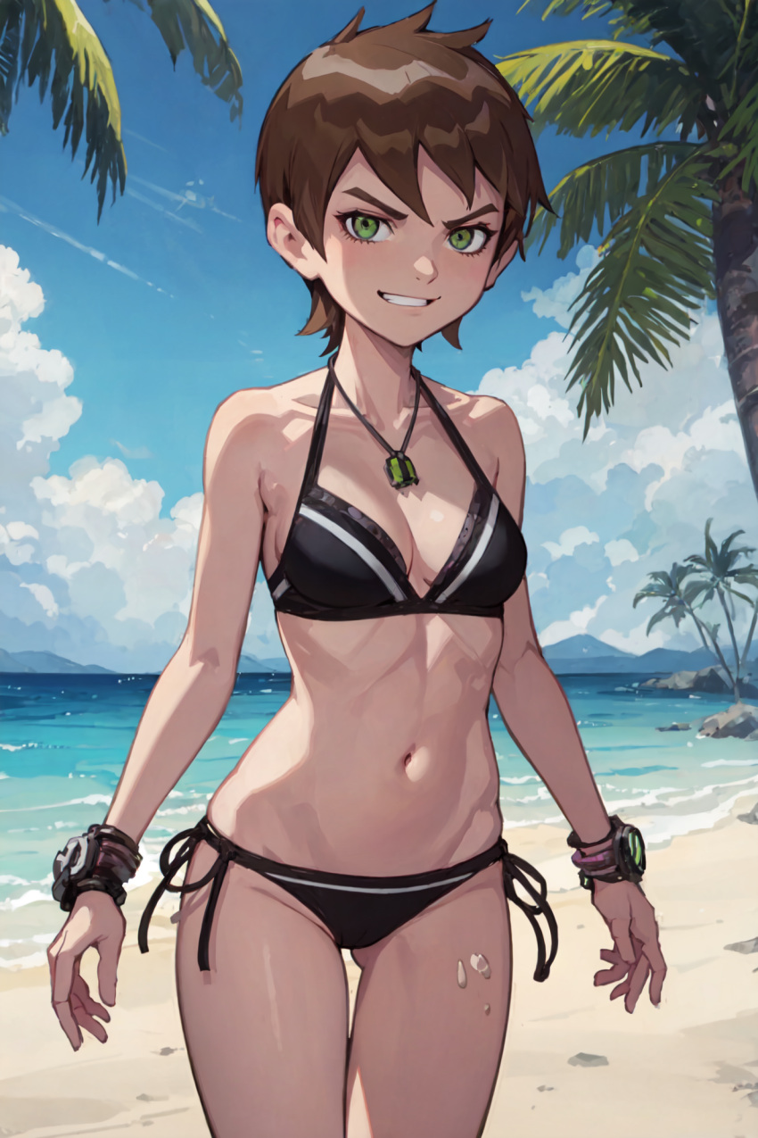 ai_generated beach ben_10 ben_tennyson bikini black_bikini bracelet brown_hair cleavage female_ben genderswap genderswap_(mtf) green_eyes human necklace ocean omnitrix palm_tree rule_63 short_brown_hair short_hair small_breasts smirk two-piece_swimsuit