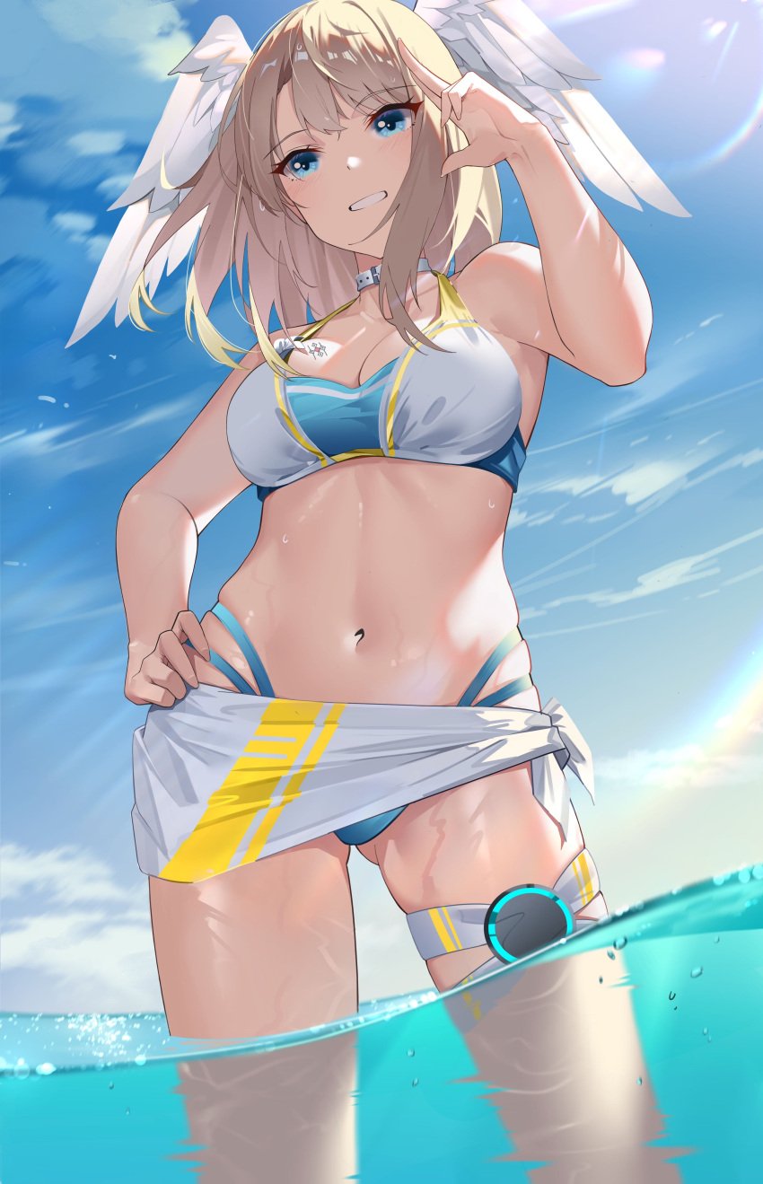 1girls absurd_res bare_arms bare_shoulders bikini blonde_hair blue_bikini blue_eyes blue_sky blue_swimsuit blush breast_tattoo breasts cleavage collarbone day eunie_(xenoblade) female female_only grin hand_on_hip highres in_water large_breasts long_hair midriff mouth navel nintendo ocean open_mouth outdoors parted_lips rayhzx sarong sky smile solo stomach swimsuit thick_thighs thigh_strap thighs thong_bikini water wings xenoblade_(series) xenoblade_chronicles_3