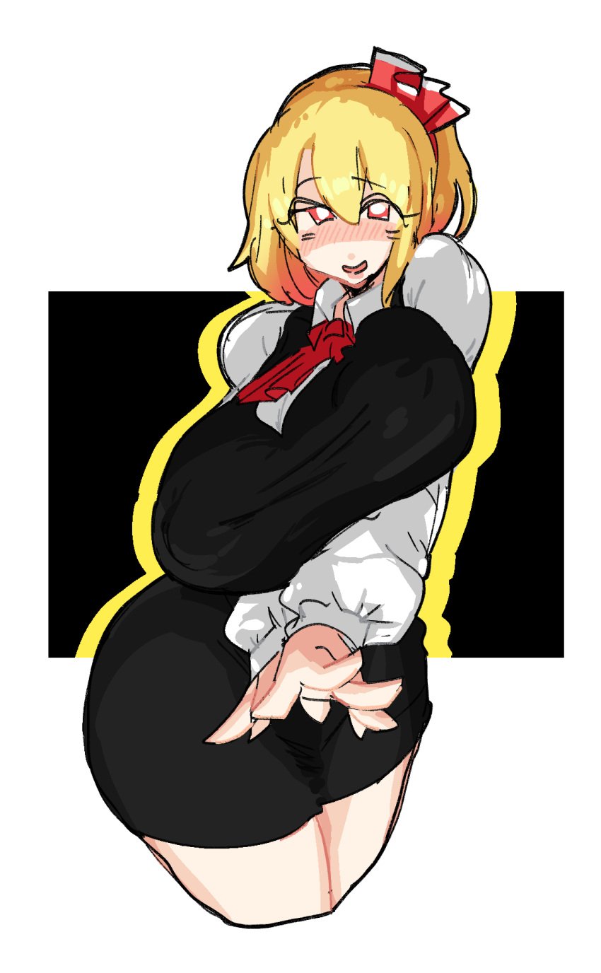 1girls ascot black_skirt black_sweater black_vest blonde_female blonde_hair blush blush_lines breasts collar collared_shirt female hair_ribbon large_breasts leebongchun long_sleeves nipple_bulge nipples nipples_visible_through_clothing open_clothes portrait red_ascot red_eyes red_ribbon rumia skirt solo sweater sweater_vest touhou white_collared_shirt