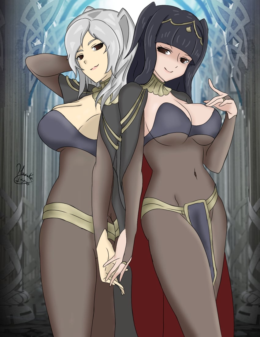 2girls alternate_costume blunt_bangs bodystocking breasts bridal_gauntlets female female_only fire_emblem fire_emblem_awakening haruka1556 nintendo robin_(fire_emblem) robin_(fire_emblem)_(female) tharja_(fire_emblem) tharja_(fire_emblem)_(cosplay)