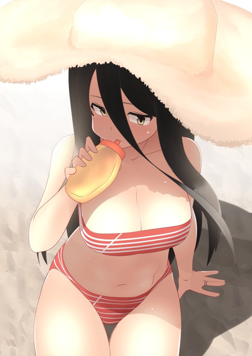 1girls beach black_hair bra breasts female_only hat human human_only light-skinned_female light_skin long_hair looking_at_viewer magia_record:_mahou_shoujo_madoka_magica_gaiden magical_girl mahou_shoujo_madoka_magica mahou_shoujo_tart_magica puella_magi_madoka_magica riz_hawkwood rusyoukei sand soda solo solo_female solo_focus swimming_pool swimsuit swimwear yellow_eyes young