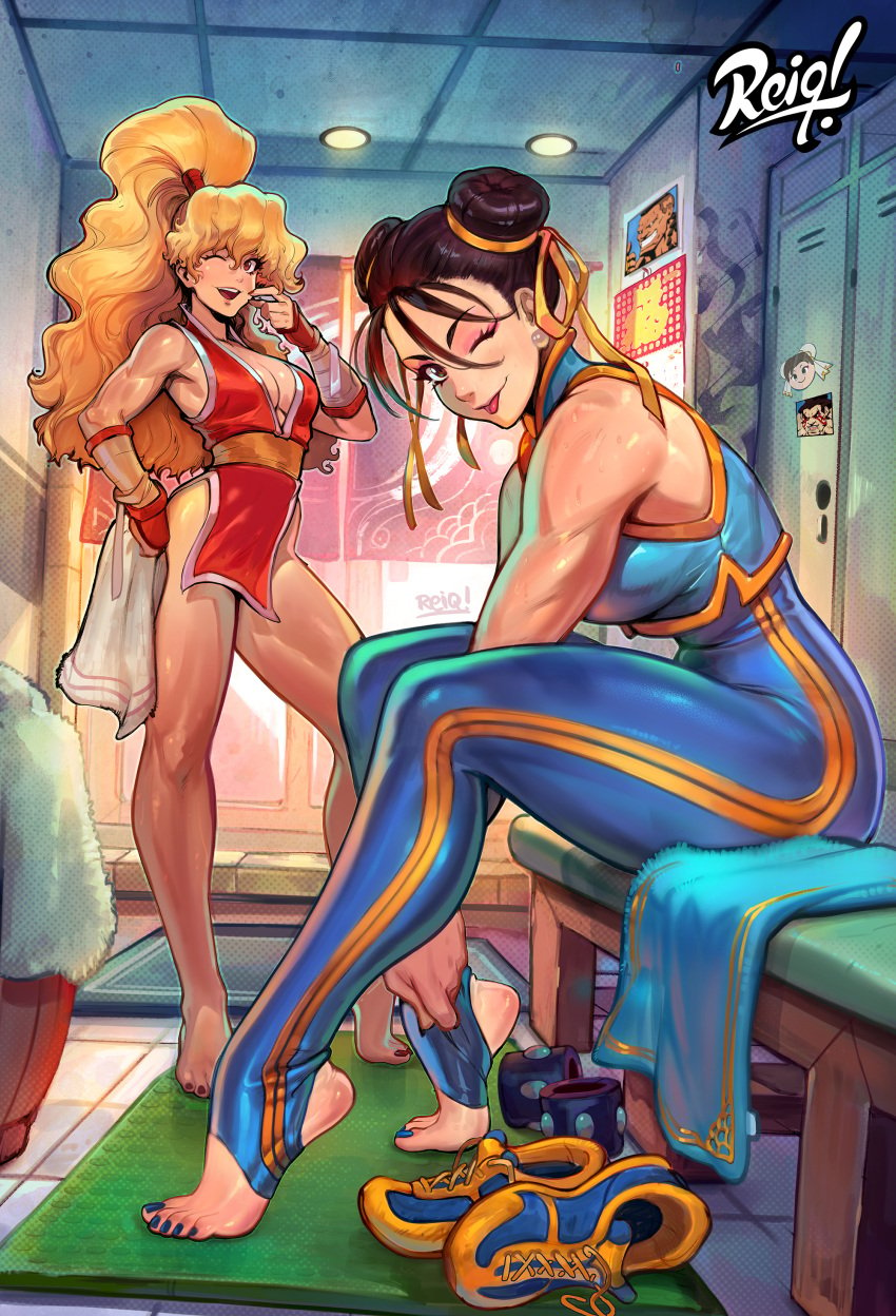 2girls barefoot blue_toenails breasts brown_hair chun-li cleavage double_bun earrings feet female female_only final_fight human jewelry locker_room makeup maki_genryusai multiple_girls reiq shiny_skin shoes shoes_off shoes_removed sitting standing stirrup_legwear street_fighter street_fighter_alpha sweat toes tongue_out wink winking_at_viewer