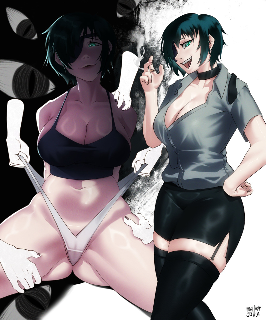 ass ass_visible_through_thighs big_breasts chainsaw_man cigarette cleavage disembodied_hand disembodied_hands female female_only ghost_devil_(chainsaw_man) green_eyes himeno_(chainsaw_man) mawsteryowda sideboob sitting smile smoking smoking_cigarette stockings thick_thighs thighhighs