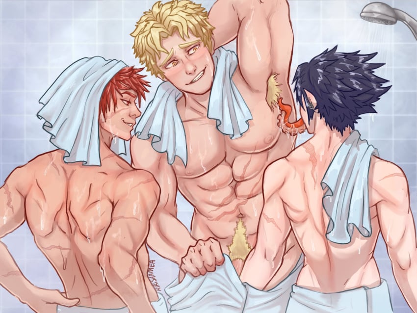 3boys abs age_difference amajiki_tamaki armpit_fetish armpit_hair armpit_licking bara bathroom blonde_hair eijirou_kirishima fatgum hand_on_crotch hand_under_clothes kirishamea kirishima_eijirou licking licking_armpit male manly multiple_boys muscular muscular_male musk my_hero_academia pubes pubic_hair red_hair red_riot shower suneater taishiro_toyomitsu tamaki_amajiki towel towel_around_neck towel_around_waist toyomitsu_taishirou unusual_tongue watching yaoi