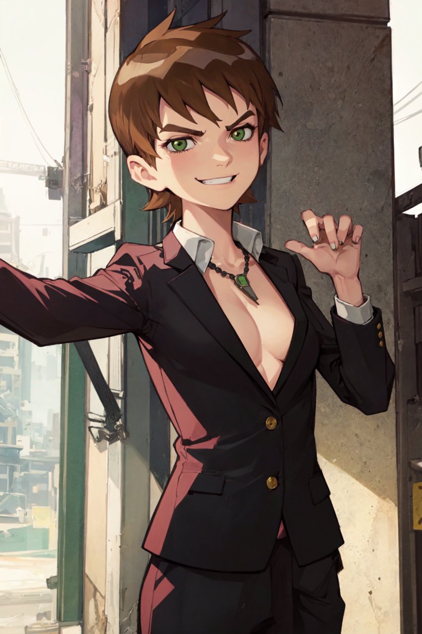 ai_generated ben_10 ben_tennyson blazer bracelet brown_hair business_suit cleavage dress_pants female_ben genderswap genderswap_(mtf) green_eyes necklace plunging_neckline rule_63 short_brown_hair short_hair small_breasts smirk suit suit_jacket unbuttoned_shirt white_dress_shirt