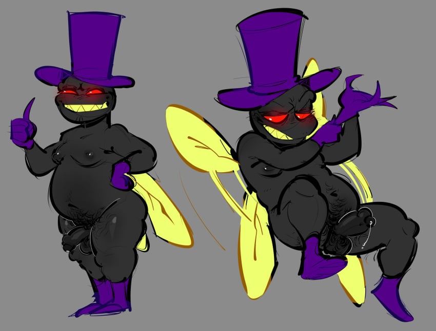 bileshroom bug chubby devious_grin fanart fly happy_trail insects lakeview_valley morgo_(lakeview_valley) non-human_only overweight precum pubes scrunkly semi-erect solo_male tophat wings