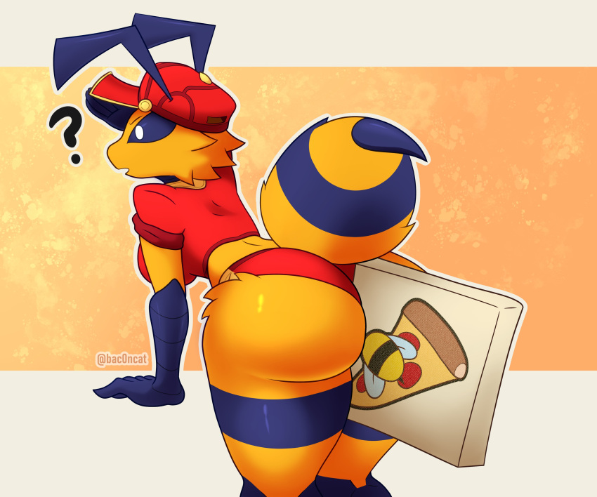 ass ass_focus bee_girl cameltoe holding_object_between_buttocks object_between_ass pizza_bee_(xexeezy) pizza_box tagme uniform