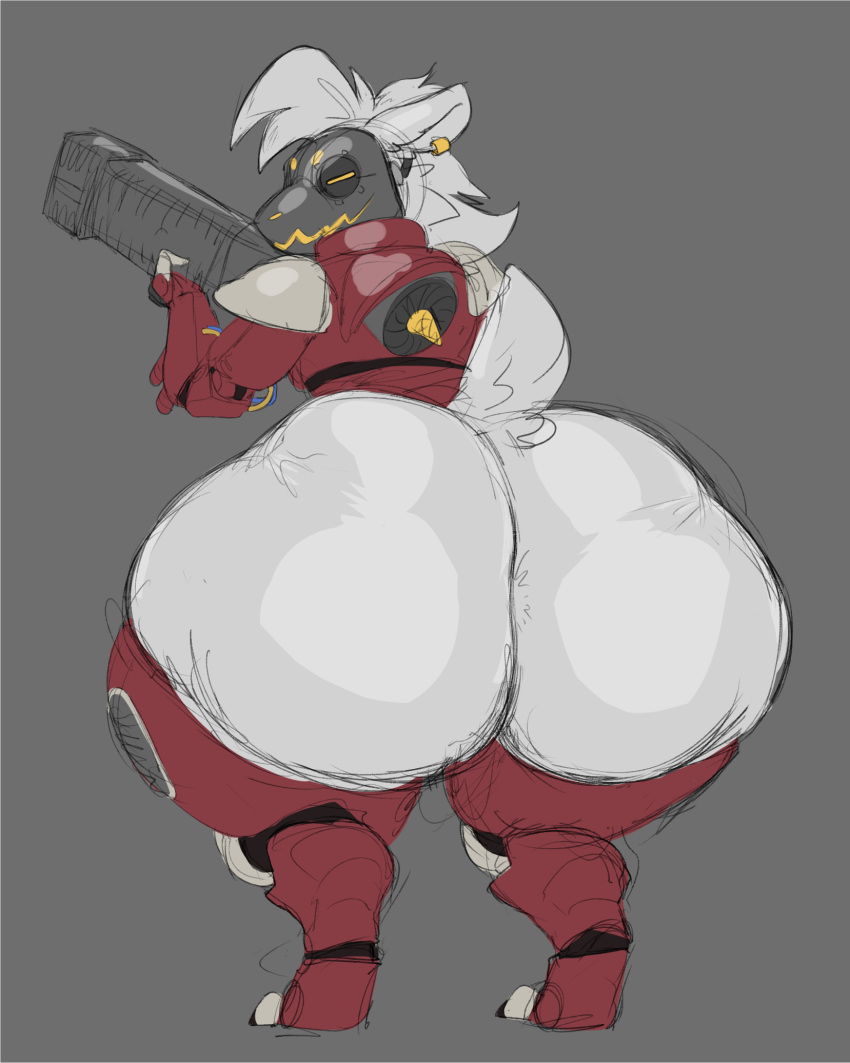 anthro armor ass big_butt gremlin gun hi_res huge_butt hyper hyper_butt jojee_spn lazarus_(peachymewtwo) looking_at_viewer looking_back machine protogen ranged_weapon spiral_knights standing thick_thighs weapon wide_hips