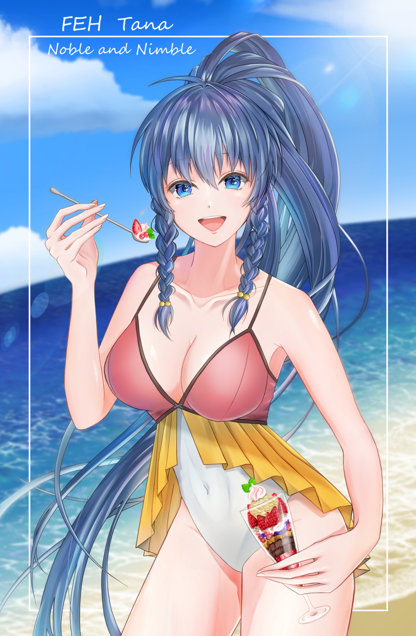 1girls :d absurdres alternate_costume bare_shoulders beach blue_eyes blue_hair braid breasts character_name cleavage collarbone covered_navel cowboy_shot female female female_only fire_emblem fire_emblem:_the_sacred_stones fire_emblem_heroes food frills fruit highres holding holding_spoon ice_cream lapin_(hthy2255) large_breasts long_hair looking_at_viewer nintendo ocean official_alternate_costume one-piece_swimsuit ponytail side_braids smile soft_serve solo spoon strawberry sundae sunlight swimsuit tana_(fire_emblem) tana_(summer)_(fire_emblem) towel twin_braids very_long_hair