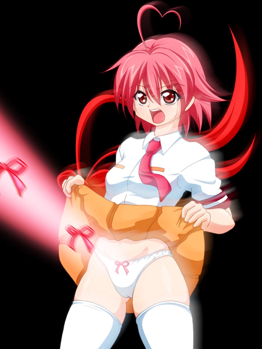 1girls ahoge aino_heart arcana_heart blush breasts cameltoe clothes_lift female female_only heart heart_ahoge highres laser legs lifted_by_self meme necktie panties pink_hair red_eyes ribbon school_uniform short_hair skirt skirt_lift small_breasts solo thighs underwear white_panties