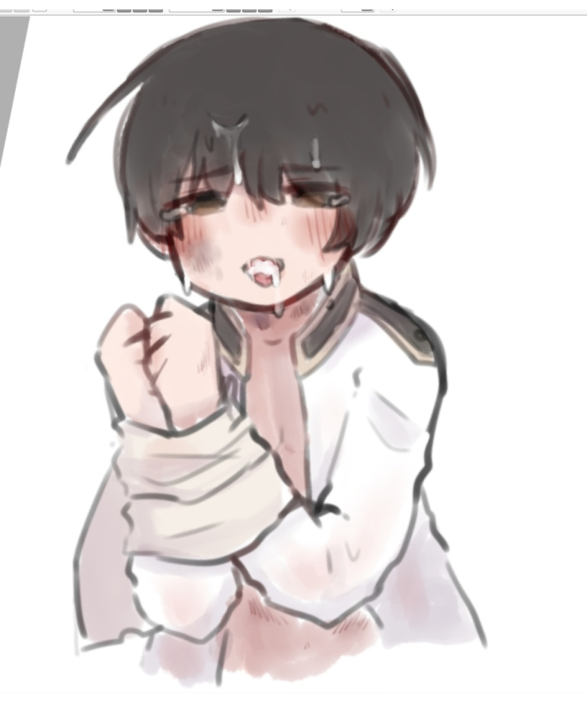 1boy ahe_gao axis_powers_hetalia black_hair brown_eyes cum_in_mouth honda_kiku japan_(hetalia) male male_only partially_clothed restrained shirt_open solo suggestive_fluid tied_hands tied_up tongue uniform white_clothing