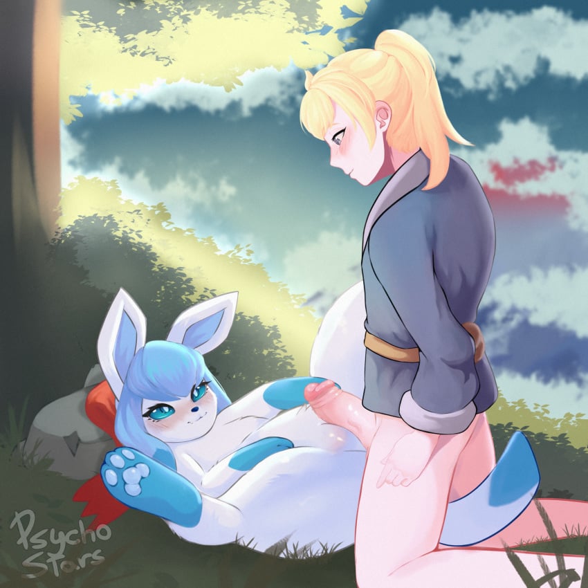 duo eevee eeveelution fan_character female feral generation_1_pokemon generation_4_pokemon genitals glaceon hi_res humanoid male male/female nintendo penis pokemon pokemon_(species) pokemon_legends:_arceus psychostars simple_background video_games