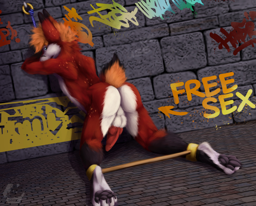 absurd_res anthro ass bondage bound buts canid canine cell_(disambiguation) claws discipline dungeon eldingo_(artist) fox genitals graffiti hi_res hybrid kidnapping lagomorph leporid male male/male male_slave mammal nsfw pads_(disambiguation) pawpads paws penis prison prisoner punishment rabbit rope slave solo submissive ych