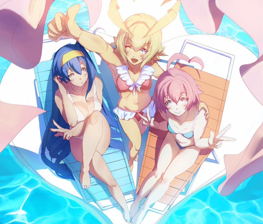 3girls aino_heart arcana_heart beach big_breasts bikini blonde_hair blue_bikini blue_hair bow breasts brown_eyes busty chair cleavage double_v feet female female_only hairbow highres legs long_hair looking_at_viewer looking_to_the_side medium_breasts multiple_girls navel ocean open_mouth pink_bikini pink_hair short_hair sitting small_breasts smile swimsuit thighs thumbs_up tsundere tsuzura_saki v water white_bikini