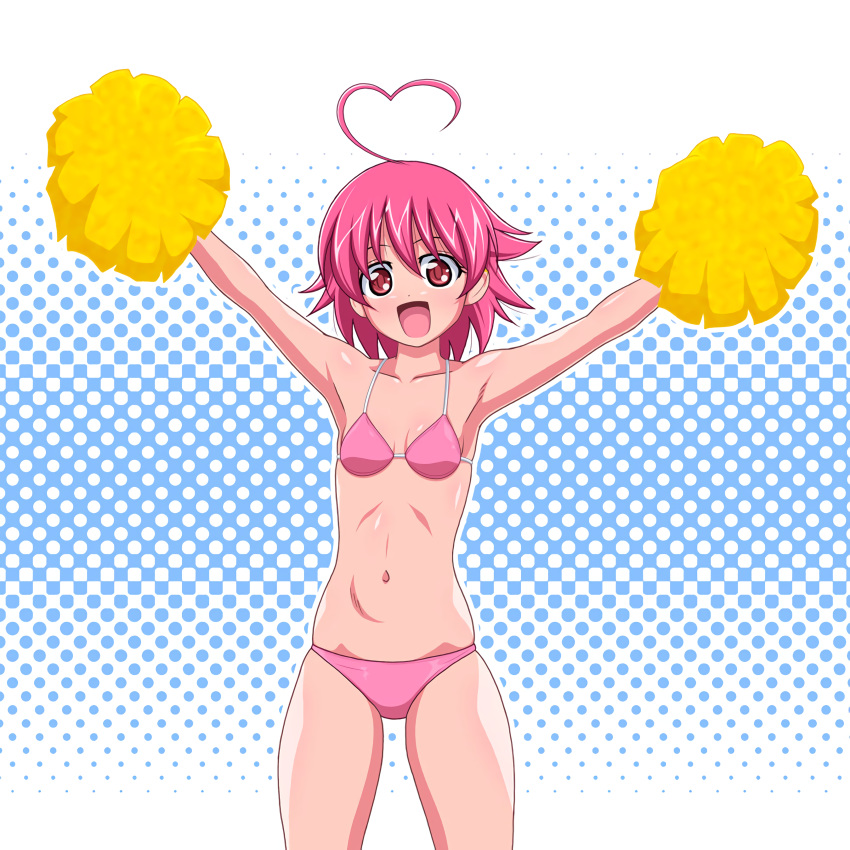 1girls ahoge aino_heart arcana_heart armpits bikini breasts female female_only heart heart_ahoge highres legs looking_at_viewer navel open_mouth pink_bikini pink_hair pom_poms red_eyes short_hair small_breasts smile swimsuit thighs