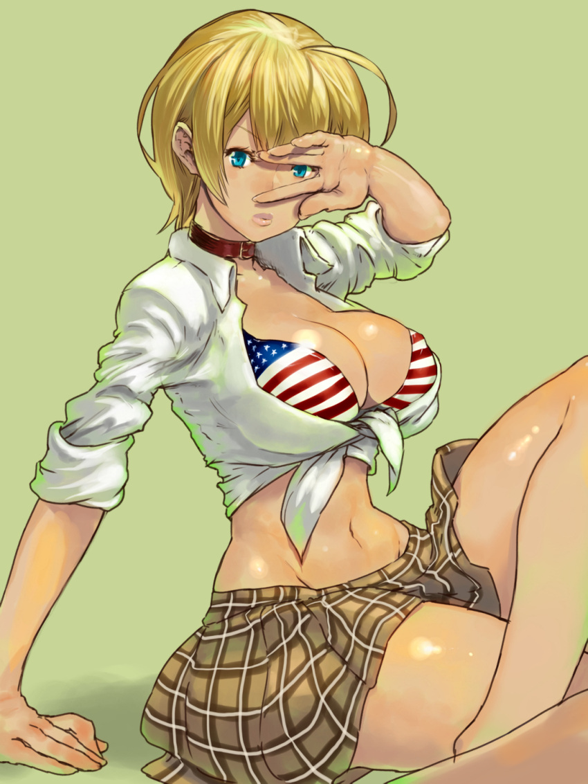 1girls american_flag_bikini arm_support big_breasts bikini bikini_top_only blonde_hair blue_eyes breasts busty cleavage crossed_legs female female_only flag_print front-tie_top highres large_breasts legs lipstick looking_at_viewer makeup midriff mito_ikumi navel shokugeki_no_souma short_hair sitting skirt swimsuit tan thighs