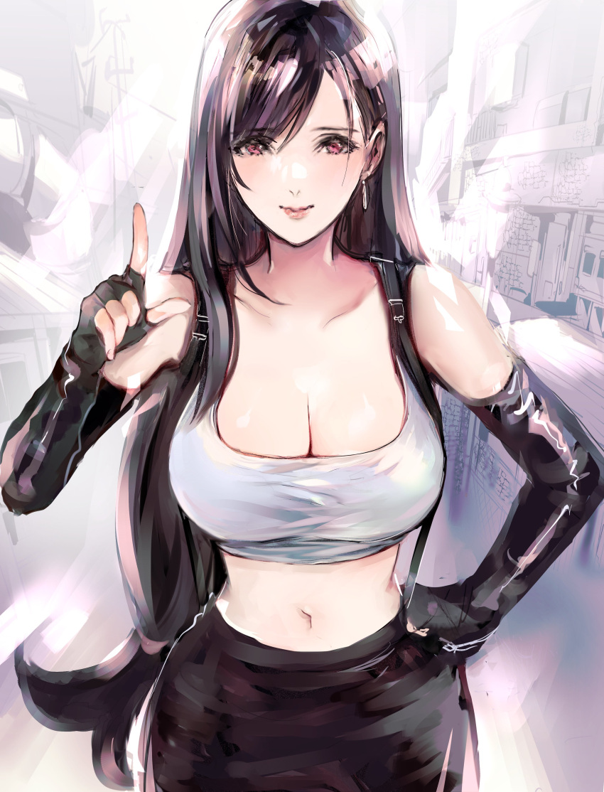 absurdres asymmetrical_bangs bangs bare_shoulders black_gloves black_hair black_skirt breasts cleavage cowboy_shot crop_top earrings elbow_gloves female final_fantasy final_fantasy_vii fingerless_gloves gloves hair_between_eyes hand_on_hip highres jewelry large_breasts long_hair looking_at_viewer low-tied_long_hair midriff navel pointing red_eyes shirt shoji_sakura skirt sleeveless sleeveless_shirt solo suspenders tifa_lockhart white_shirt