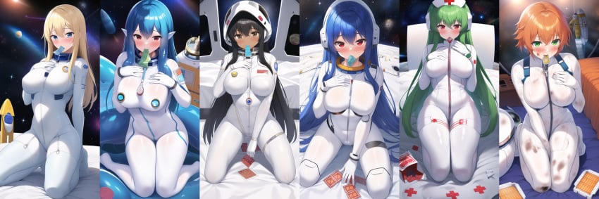 1other 6+girls ai_generated alien astronaut bed blonde_hair blue_eyes blue_hair blush bodysuit brown_eyes brown_hair condom_box condom_in_mouth condom_packet_strip condom_wrapper dirty_clothes dirty_face erect_nipples green_hair hand_between_legs hand_on_chest helmet kneeling large_breasts masturbating messy_hair monster_girl nai_diffusion nebula nipples_visible_through_clothing orange_hair outer_space planet red_cross red_eyes robot_girl slime_girl spaceship stable_diffusion stars tentacle_hair