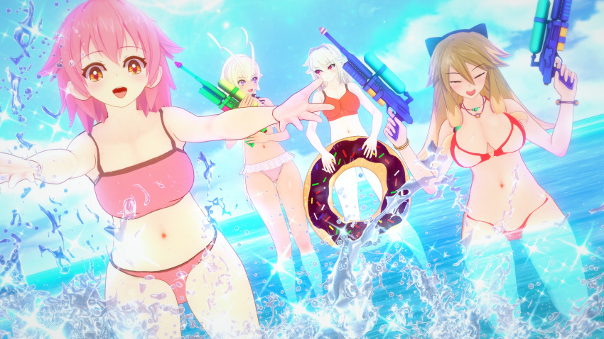 3d 4girls aino_heart arcana_heart beach big_breasts bikini blonde_hair breasts brown_eyes brown_hair busty closed_eyes female female_only highres inuwaka_akane large_breasts legs long_hair looking_at_viewer medium_breasts multiple_girls navel ocean open_mouth pink_bikini pink_hair purple_eyes red_bikini shirt short_hair smile swimsuit thighs voluptuous water water_gun white_hair