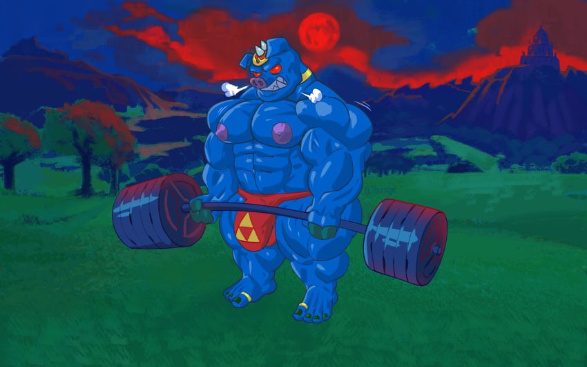 anthro big_bulge blue_body bulge clothed clothing detailed_bulge digital_media_(artwork) domestic_pig exercise ganon headgear headwear hi_res hyrule_field lifting male male_only mammal muscular muscular_male nintendo nipples red_eyes ring_(jewelry) solo speedo suid suina sus_(pig) swimwear the_legend_of_zelda tiburalgo triforce triforce_symbol video_games weights workout