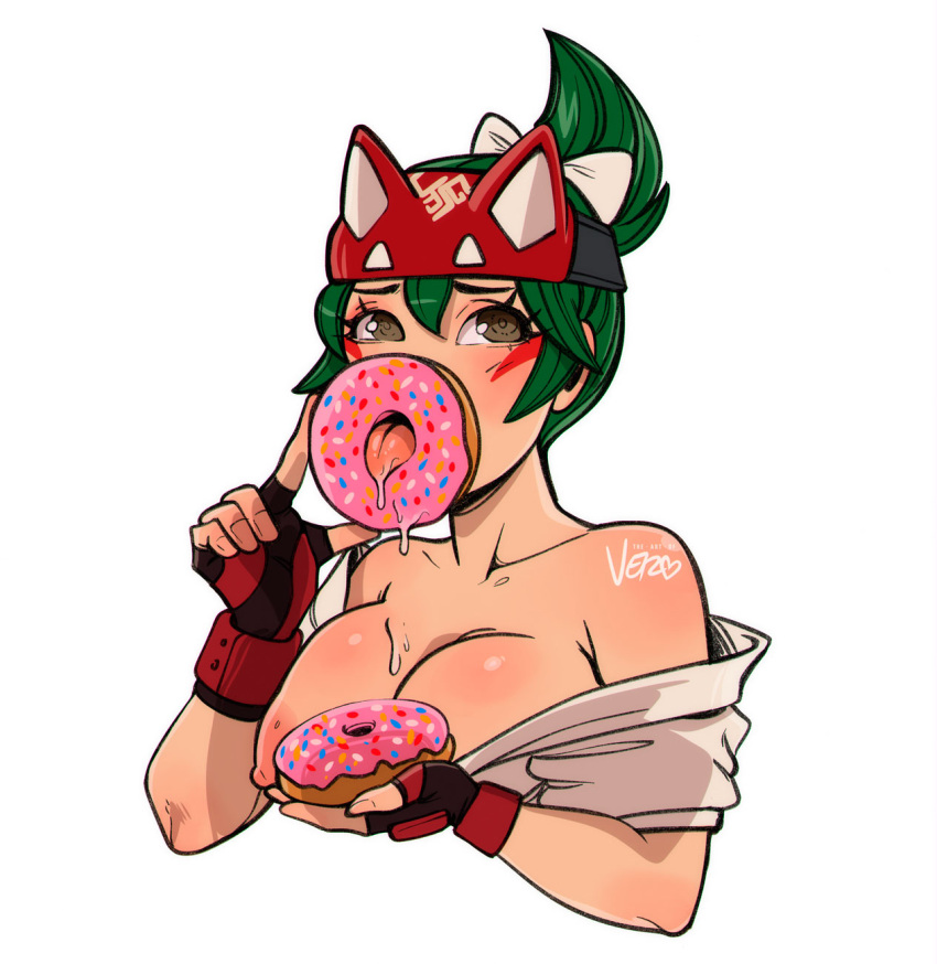 1girls 2d bare_shoulders blizzard_entertainment breasts_out donut doughnut_hole drawn fingerless_gloves food food_play funny green_hair kiriko_(overwatch) large_breasts nipples overwatch overwatch_2 portrait saliva suggestive theartofvero tongue vero white_background