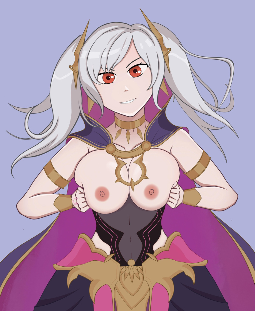 1girls alternate_costume bodystocking breast_press breast_squeeze breasts breasts_out female female_only fire_emblem fire_emblem_awakening fire_emblem_heroes grey_hair grima_(fire_emblem) grin kranberrypi large_breasts looking_at_viewer medium_hair nintendo nipples official_alternate_costume red_eyes robin_(female)_(fell_tactician)_(fire_emblem) robin_(fire_emblem) robin_(fire_emblem)_(female) smile solo twintails