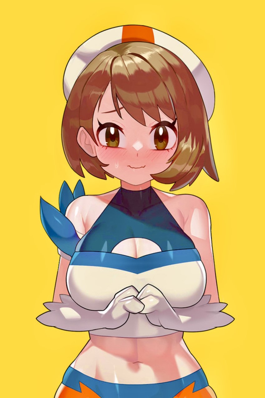 bare_shoulders blush brown_eyes brown_hair cinderace cinderace_(cosplay) cleavage drunkoak generation_8_pokemon gloria_(pokemon) human nintendo pokémon_(species) pokemon pokemon_(cosplay) pokemon_ss smile toned toned_female yellow_background