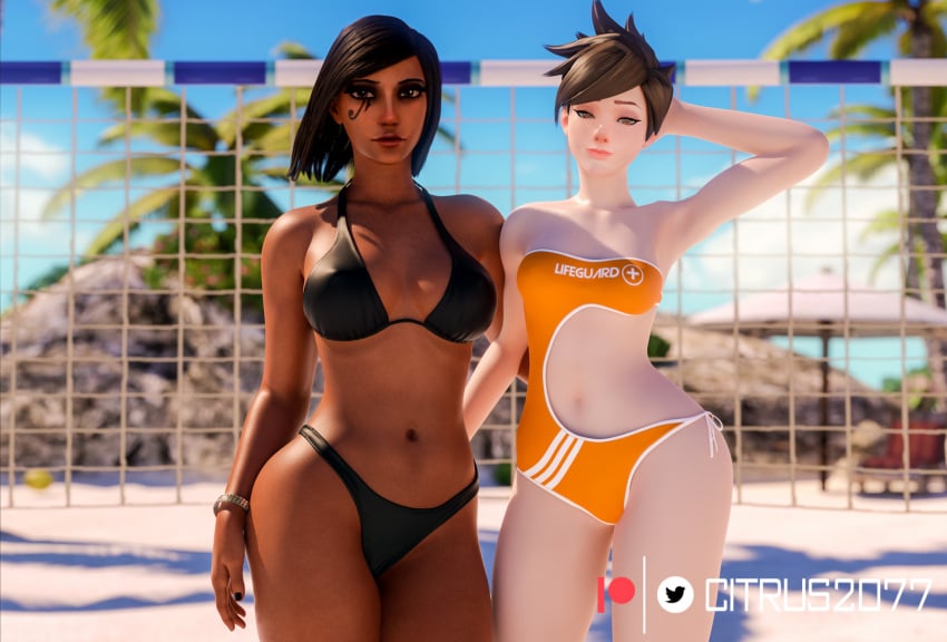 2girls 3d 3d_(artwork) ass bare_breasts beach big_ass big_breasts bikini black_hair blender blender_(software) blizzard_entertainment breasts breasts_out brown_hair brown_skin citrus2077 curvaceous curvy curvy_body curvy_female curvy_figure dark-skinned_female dark_skin female female_focus female_only fully_clothed lifeguard_tracer light-skinned_female light_skin looking_at_viewer overwatch overwatch_2 pale-skinned_female pale_skin pharah pinup pinup_pose pose sand swimsuit tagme thick thick_thighs tracer volleyball voluptuous voluptuous_female