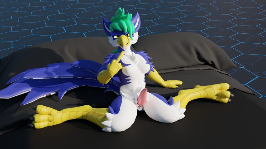 16:9 4k absurd_res anthro avian bed bird breasts falcon falconid furniture futanari gesture gryphon gynomorph hi_res intersex jorric jorric_(artist) middle_finger mythological_avian mythology nude on_bed widescreen