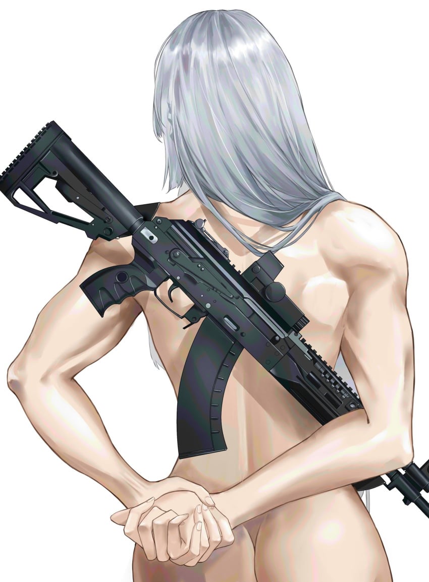 ak-15 ak-15_(girls'_frontline) ass back_to_viewer back_turned back_view clasped_hands cowboy_shot from_behind girls'_frontline grey_hair gun hands_behind_back kalashnikov_rifle long_gun muscular muscular_female nude own_hands_clasped own_hands_together rifle solo weapon white_background white_hair