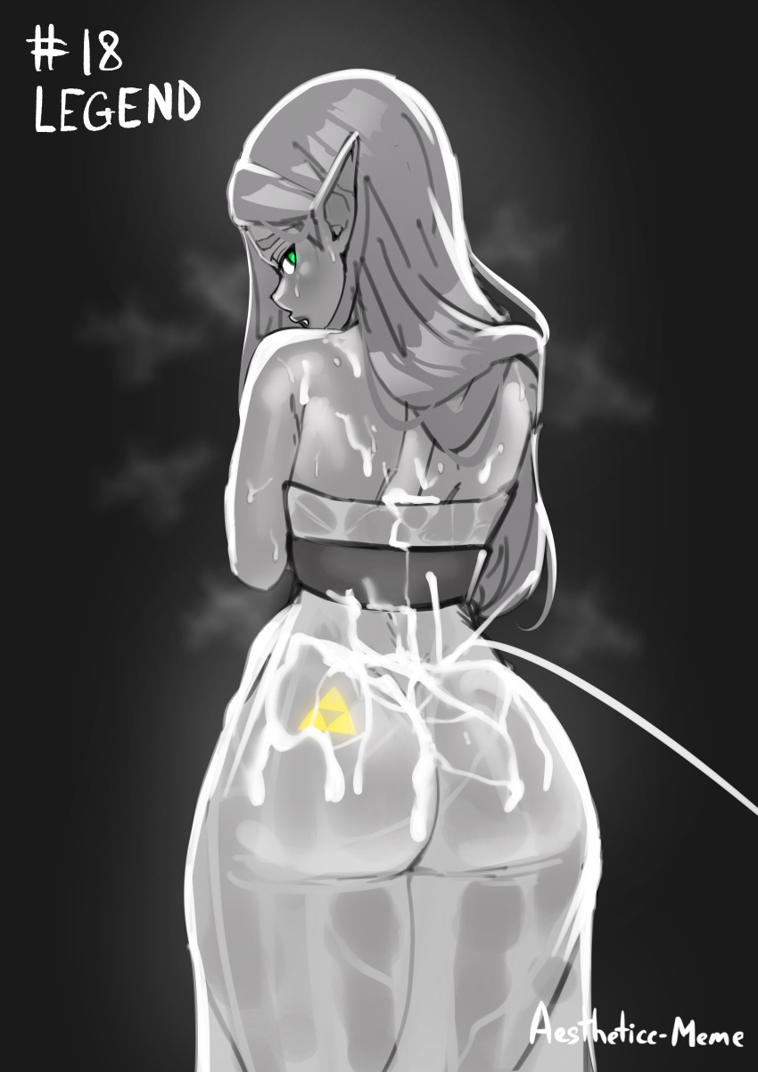 1girls aestheticc-meme ass ass_in_dress ass_tattoo back back_view black_and_white breath_of_the_wild bubble_butt bukkake cum cum_on_ass cum_on_body female female_only green_eyes hi_res huge_ass hylian long_hair nintendo princess princess_zelda royalty see-through see-through_clothing slim_waist the_legend_of_zelda triforce zelda_(breath_of_the_wild)