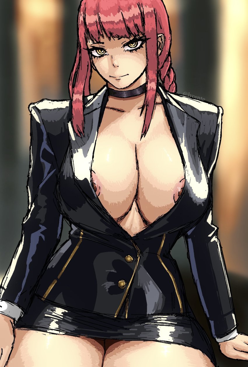 bare_chest big_breasts breasts chainsaw_man choker cleavage cleavage_window glossy lycente makima_(chainsaw_man) nipples red_hair seductive_look shiny short_skirt sitting suit suit_jacket thick_thighs thighs underskirt upskirt