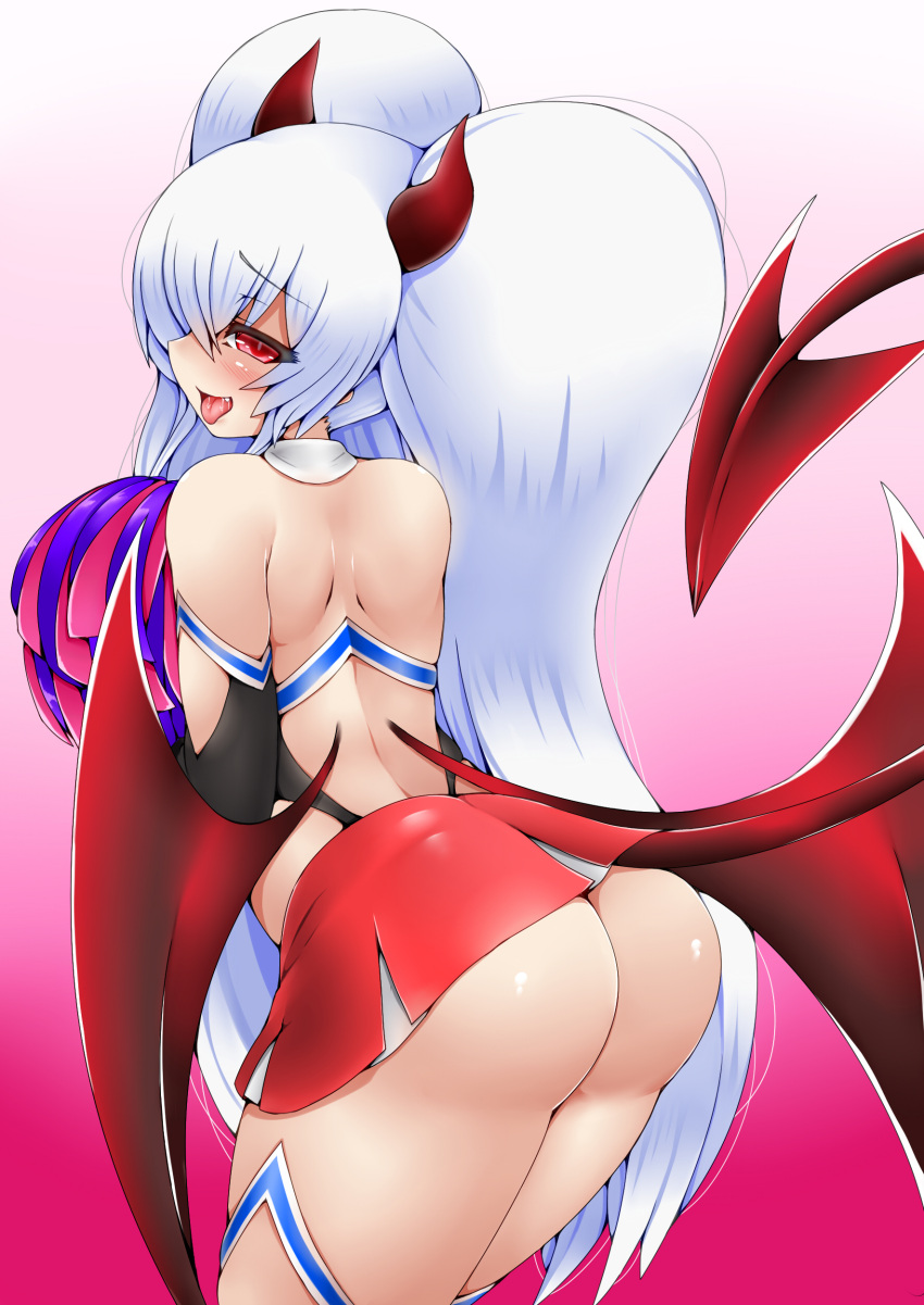 1girls 2019 ahe_gao ass ass_focus big_ass blush bodily_fluids bombergirl cheerleader dat_ass demon_girl demon_horns demon_tail demon_wings evo_grim female female_focus female_only gradient_background grim_aloe hi_res highres horns kiramashi_(satsujinki) konami large_ass long_hair looking_at_viewer looking_back miniskirt mob_face open_mouth pale-skinned_female pale_skin quiz_magic_academy red_eyes red_horns red_skirt red_tail red_wings saliva solo solo_female solo_focus tail tongue_out twintails very_long_hair video_games white_hair wings