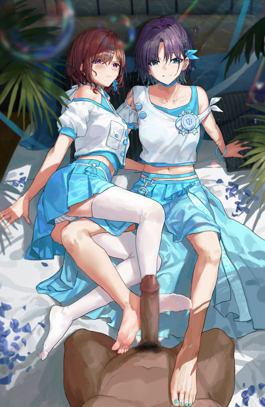 1boy 2girls absurdres arm_support asakura_toru ass asymmetrical_clothes bangs barefoot belt blue_belt blue_eyes blue_nails blue_ribbon blue_skirt blue_tank_top blush bracelet breasts brown_hair censored clothed_female_nude_male cooperative_footjob crop_top dark-skinned_male dark_skin earrings feet ffm_threesome frown grin hair_intakes hair_ornament hair_over_eyes hair_over_one_eye hair_ribbon hairclip highres higuchi_madoka idolmaster idolmaster_shiny_colors interracial jewelry kneeling large_penis leg_between_thighs legs light-skinned_female light_skin looking_at_viewer lying medium_breasts midriff miniskirt mole mole_under_eye mosaic_censoring multiple_girls nail_polish navel neck_ribbon nude on_side panties parted_bangs penis petals pleated_skirt pov puffy_short_sleeves puffy_sleeves purple_eyes purple_hair ribbon shirt short_hair short_sleeves sitting skirt smile soap_bubbles soles striped striped_panties tank_top thighhighs threesome toenail_polish toenails underwear vertical-striped_panties vertical_stripes white_panties white_shirt white_tank_top x_hair_ornament yuebaihezi