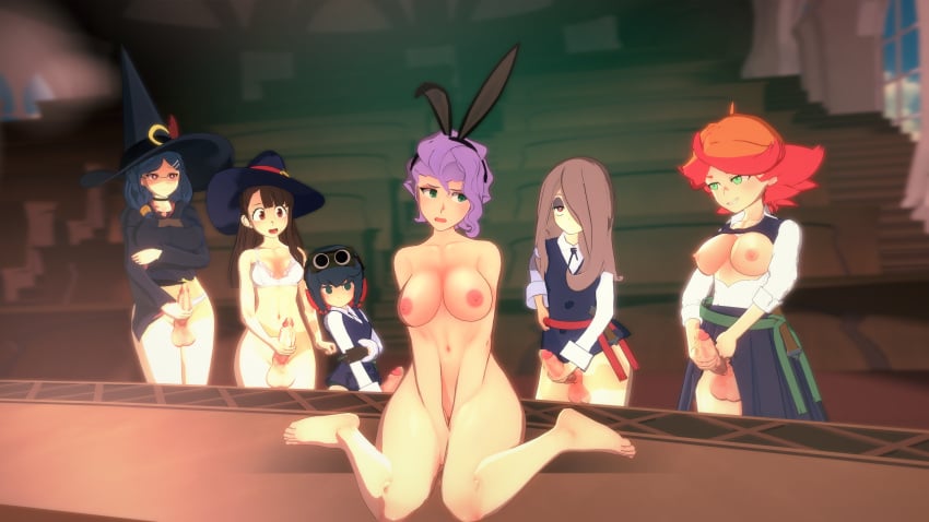 1girls 3d 5futas akko_kagari amanda_o'neill blue_hair bottomless bra breasts_out brown_hair bunny_ears choker classroom clothing constanze_amalie_von_braunschbank-albrechtsberger croix_meridies female futa_on_female futanari green_eyes group_masturbation hat holding_penis kneeling koikatsu light-skinned_female light-skinned_futanari little_witch_academia loluncc masturbation multiple_futa nude orange_hair pink_hair purple_hair red_eyes red_hair standing sucy_manbavaran tagme underwear ursula_callistis