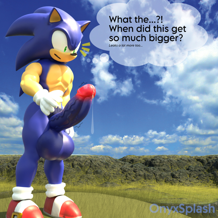 3d 3d_(artwork) anthro balls big_balls big_penis bodily_fluids cloud exposed_torso footwear genital_fluids genitals grass handwear hi_res huge_balls huge_penis hyper hyper_balls hyper_genitalia hyper_penis leaking_precum male onyxsplash penis plant precum sega sky solo solo_male sonic_(series) sonic_the_hedgehog sonic_the_hedgehog_(series) surprised_expression thought_bubble throbbing throbbing_penis
