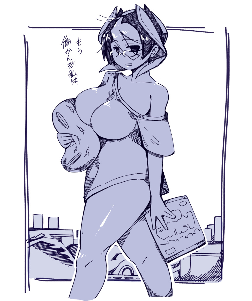 alternate_costume big_breasts bottomless cleavage female female_only glasses kingofbandit156 looking_at_viewer made_in_abyss off_shoulder ozen partially_clothed short_hair solo standing t-shirt thick_thighs two_tone_hair