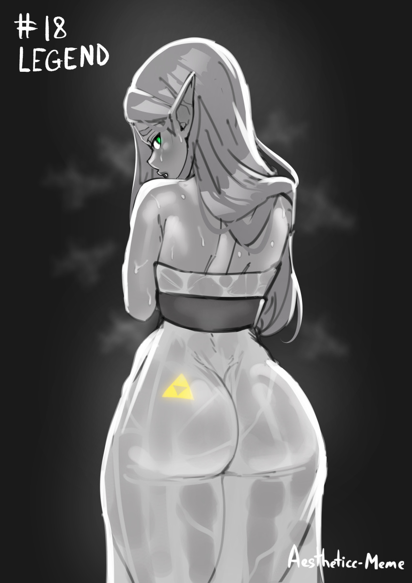 1girls aestheticc-meme ass ass_in_dress ass_tattoo back back_view black_and_white breath_of_the_wild bubble_butt female female_only green_eyes hi_res huge_ass hylian long_hair nintendo princess princess_zelda royalty see-through see-through_clothing slim_waist the_legend_of_zelda triforce zelda_(breath_of_the_wild)