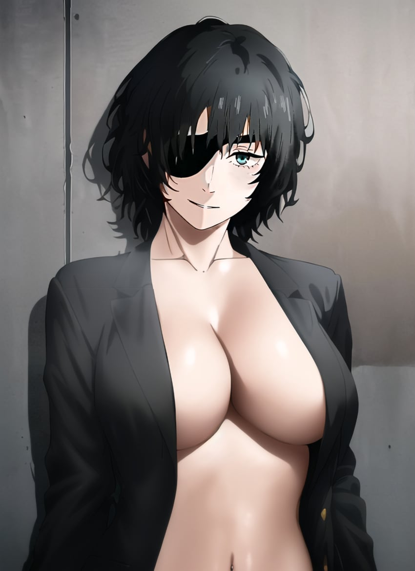 1girls 92_brks ai_generated big_breasts chainsaw_man cleavage eyepatch female female_only himeno_(chainsaw_man) light-skinned_female nai_diffusion navel office_lady open_clothes shounen_jump stable_diffusion suit_jacket