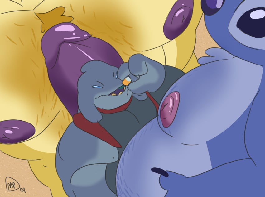 2021 3_fingers absurd_res alien anthro anthrofied beverage_can big_penis blue_eyes blue_nose body_hair can chest_hair chest_tuft clothing container digital_drawing_(artwork) digital_media_(artwork) disney drinking erection experiment_(lilo_and_stitch) fingers fur gantu genitals glans grey_body grey_skin group hi_res holding_can holding_container holding_object huge_cock humanoid_genitalia humanoid_penis larger_male lilo_and_stitch male male_only maxpany muscular muscular_anthro muscular_male nipples open_mouth overweight overweight_anthro overweight_male penis pink_nipples purple_glans purple_nipples reuben_(lilo_and_stitch) size_difference smaller_male stitch stitch_(lilo_and_stitch) trio tuft uniform yellow_body yellow_fur