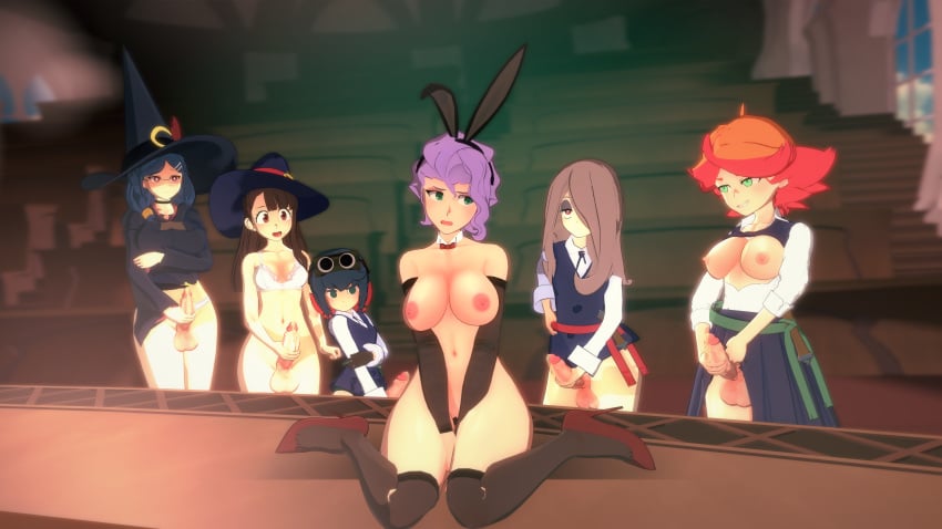 1girls 3d 5futas akko_kagari amanda_o'neill blue_hair bottomless bra breasts_out brown_hair bunny_ears choker classroom clothing constanze_amalie_von_braunschbank-albrechtsberger croix_meridies female futa_on_female futanari green_eyes group_masturbation hat high_heels holding_penis kneeling koikatsu light-skinned_female light-skinned_futanari little_witch_academia loluncc masturbation multiple_futa orange_hair pink_hair purple_hair red_eyes red_hair ribbon standing stockings sucy_manbavaran tagme underwear ursula_callistis