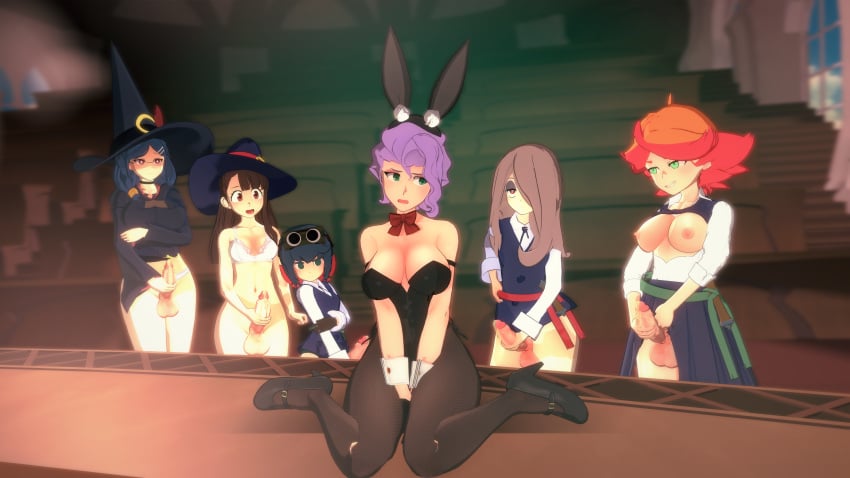 1girls 3d 5futas akko_kagari amanda_o'neill blue_hair bottomless bra breasts_out brown_hair bunny_ears bunnysuit choker classroom clothing constanze_amalie_von_braunschbank-albrechtsberger croix_meridies female fishnets futa_on_female futanari green_eyes group_masturbation hat high_heels holding_penis kneeling koikatsu light-skinned_female light-skinned_futanari little_witch_academia loluncc masturbation multiple_futa orange_hair pink_hair purple_hair red_eyes red_hair ribbon standing sucy_manbavaran tagme underwear ursula_callistis